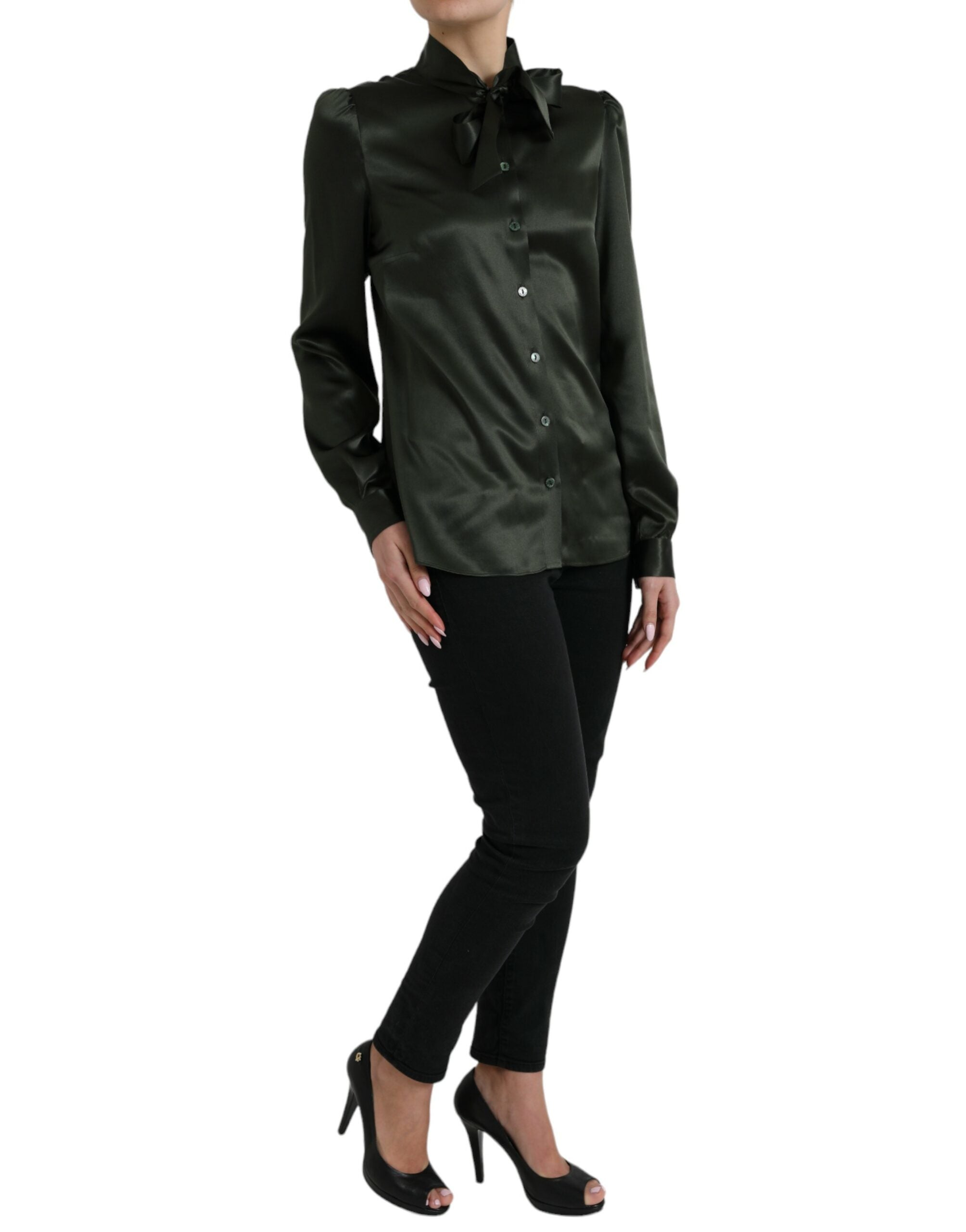 Gray long sleeve blouse with ascot collar by Dolce & Gabbana, featuring a stylish and elegant design.