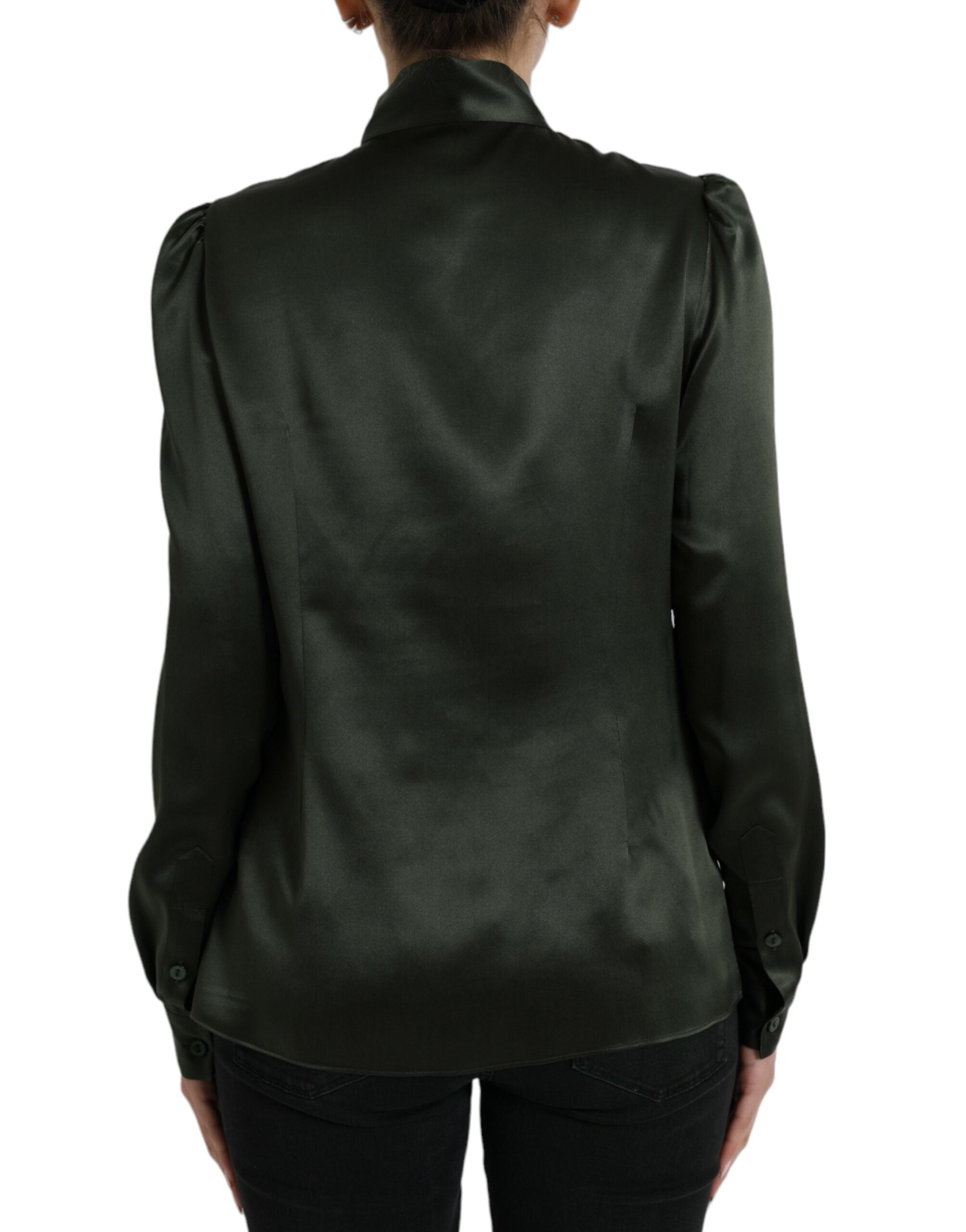 Gray long sleeve blouse with ascot collar by Dolce & Gabbana, featuring elegant fabric and tailored design.