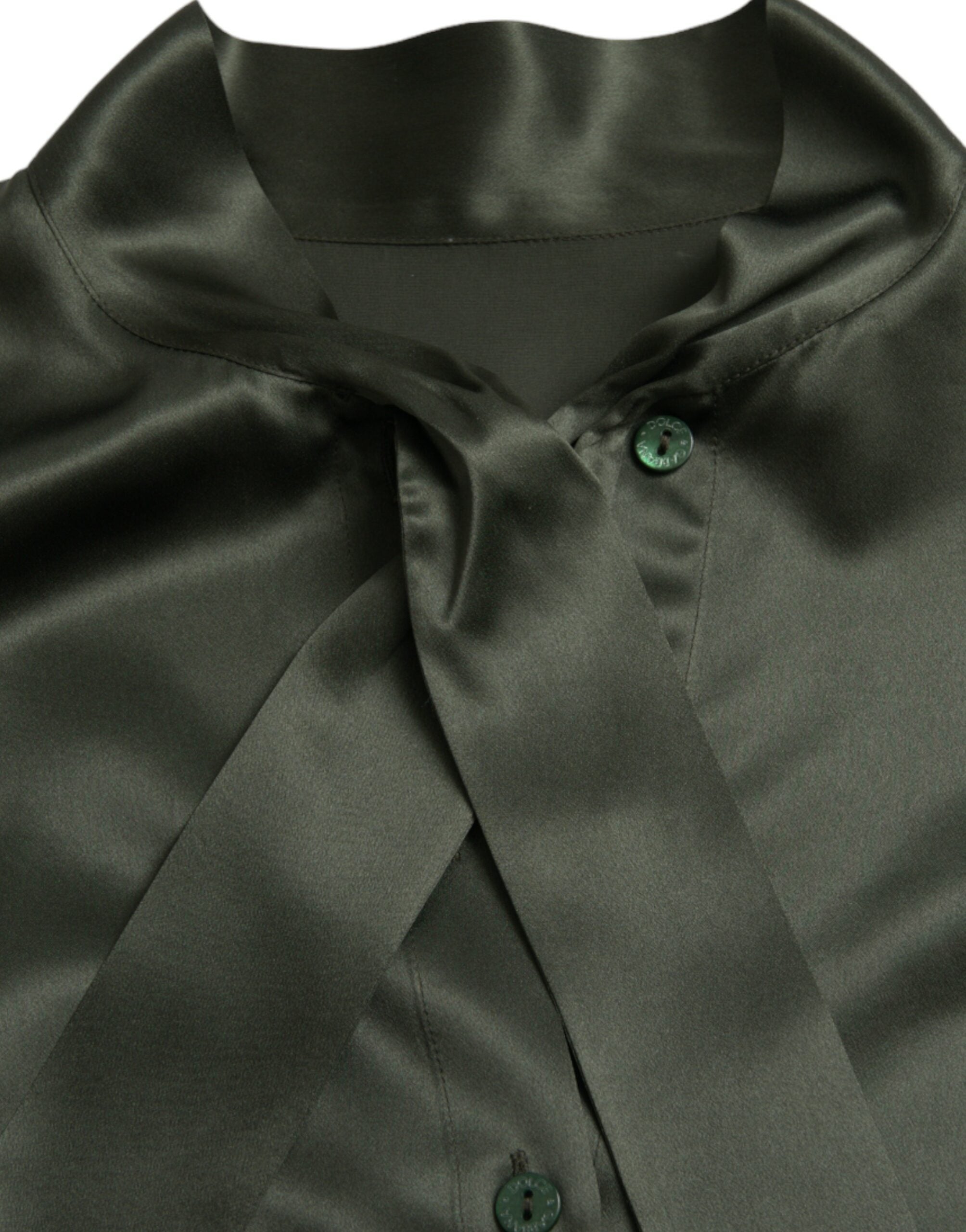 Gray Dolce & Gabbana long sleeve blouse with ascot collar, featuring elegant and stylish design.