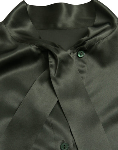 Gray Dolce & Gabbana long sleeve blouse with ascot collar, featuring elegant and stylish design.