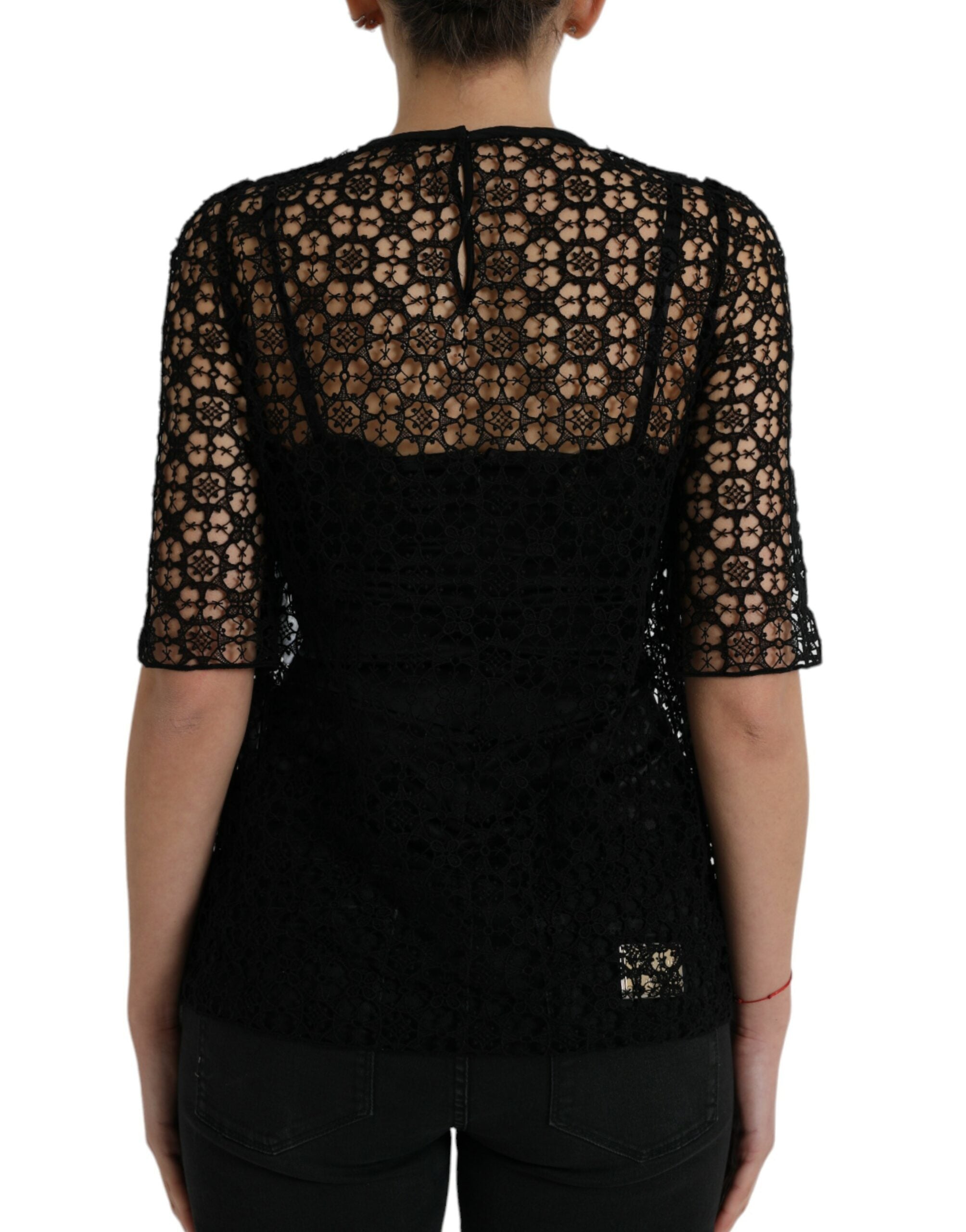 Black floral lace short sleeves blouse top by Dolce & Gabbana, featuring intricate lace details and a stylish, elegant design.