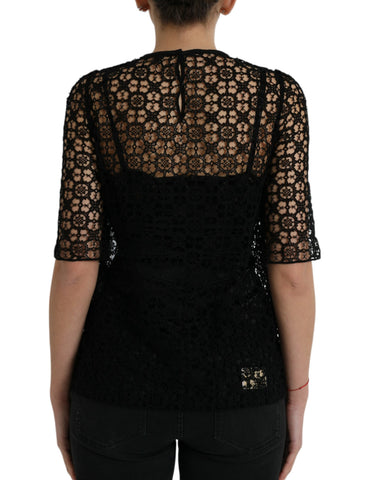 Black floral lace short sleeves blouse top by Dolce & Gabbana, featuring intricate lace details and a stylish, elegant design.