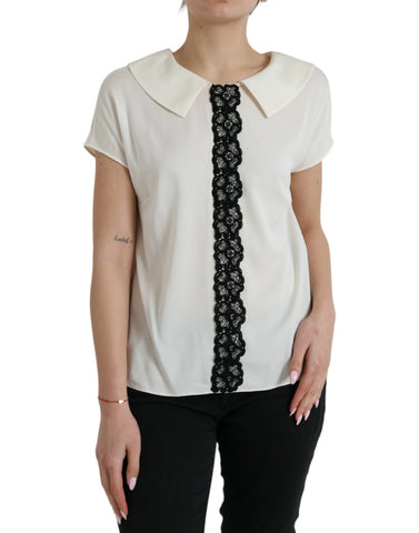 Dolce & Gabbana off-white silk short sleeve top with lace trim, elegant and lightweight fashion blouse.