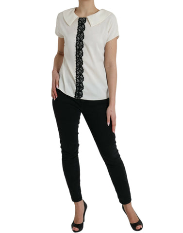 Dolce & Gabbana off-white silk top with lace trim and short sleeves, elegant and stylish for sophisticated casual wear.