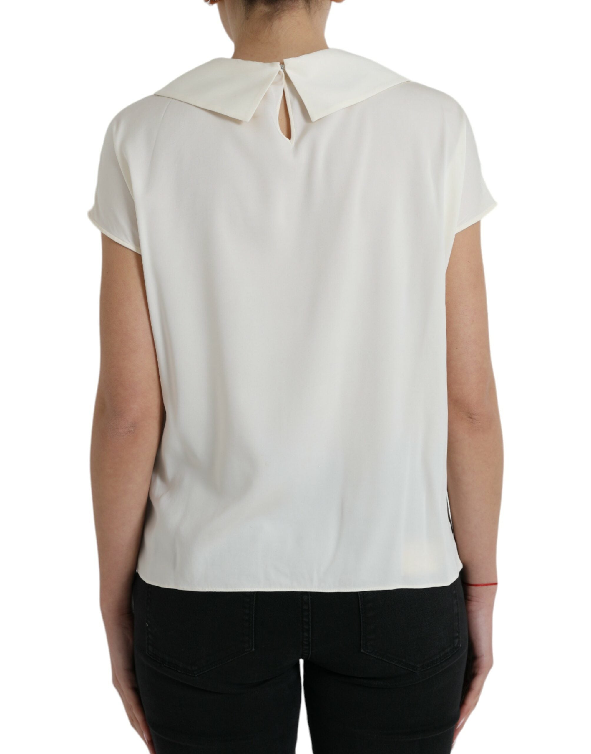 Dolce & Gabbana off-white silk short sleeves top with lace trim, elegant casual blouse featuring delicate fabric and feminine design.