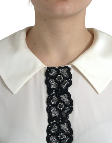 Dolce & Gabbana off-white silk top with lace trim and short sleeves, elegant and lightweight for stylish summer wear.