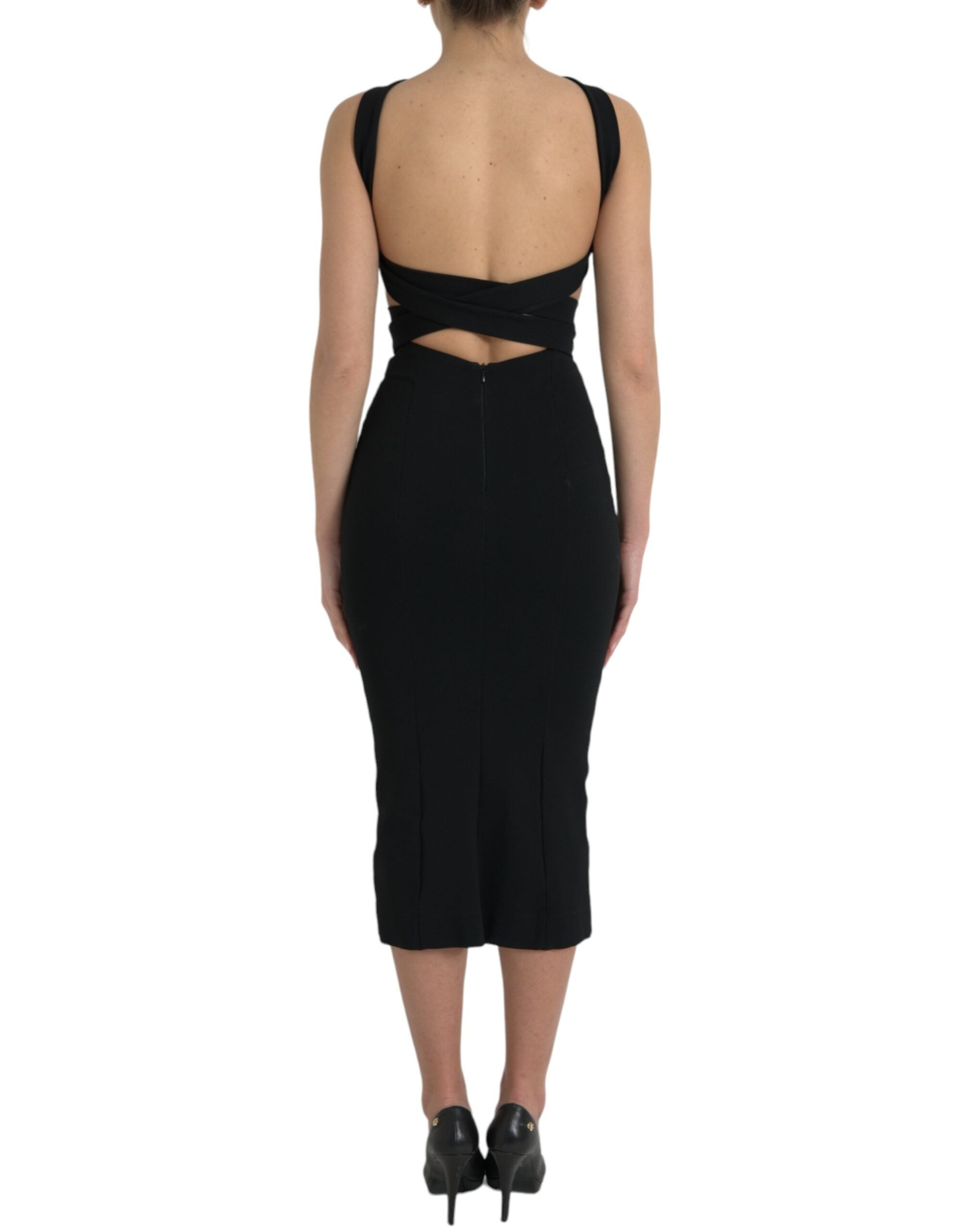 Black sheath halter sleeveless midi dress by Dolce & Gabbana, featuring a fitted silhouette and elegant design.