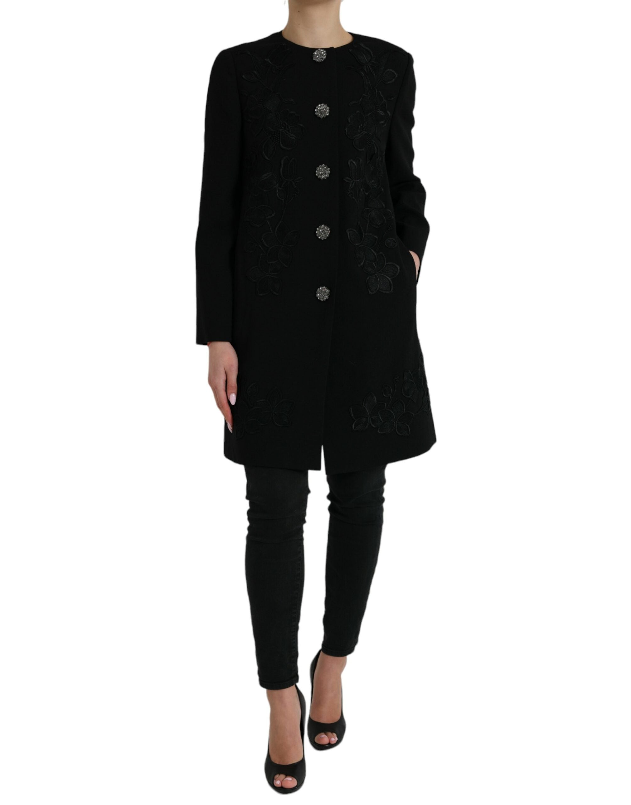 Black floral wool jacket with button embellishments by Dolce & Gabbana, featuring a tailored fit and intricate floral pattern.