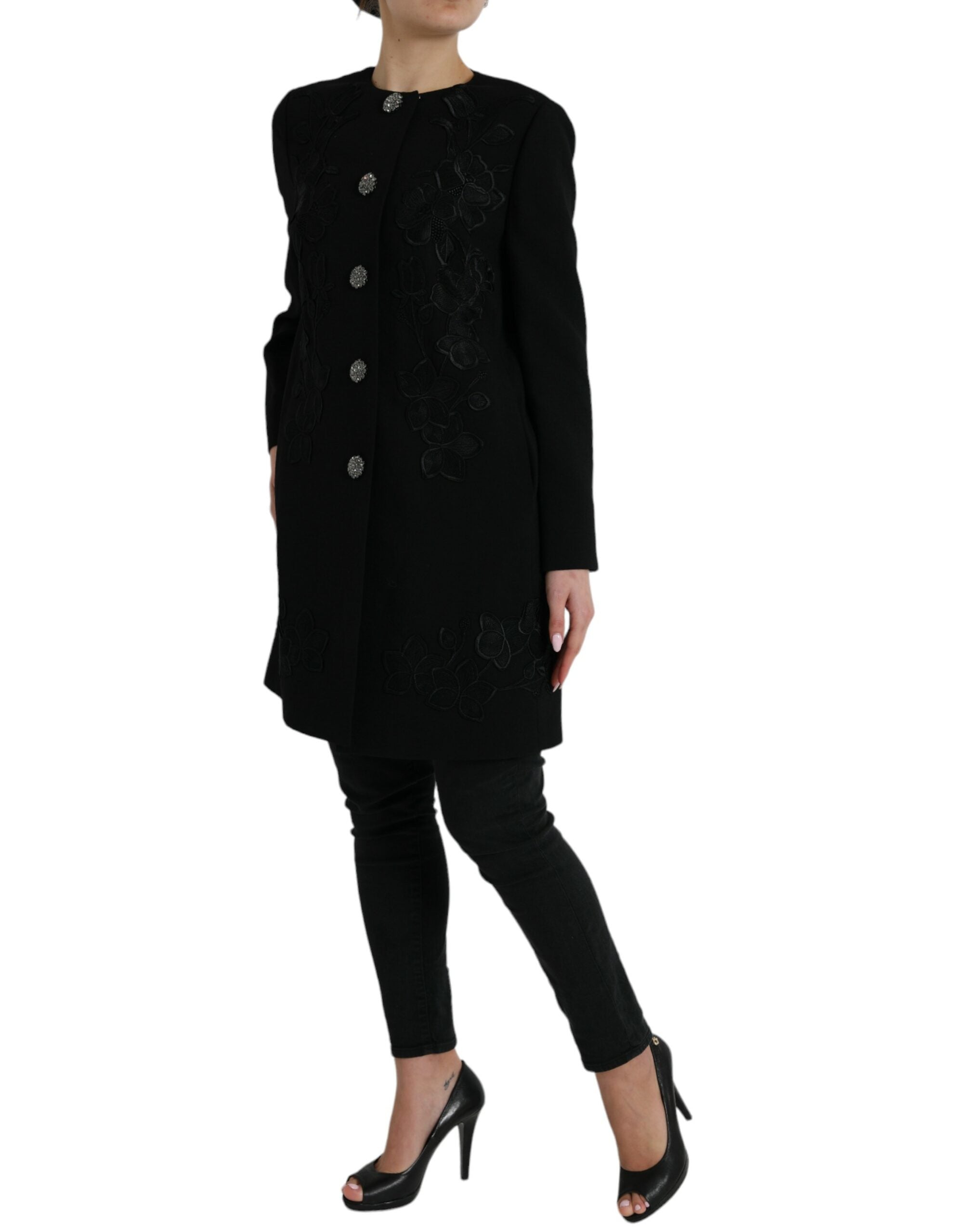 Black floral wool jacket with button embellishments from Dolce & Gabbana, featuring a tailored fit and intricate floral embroidery.