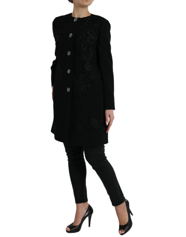 Black floral wool jacket with button embellishments from Dolce & Gabbana, featuring a tailored fit and intricate floral embroidery.