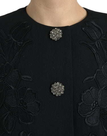 Black floral wool jacket with button embellishments from Dolce & Gabbana, featuring a tailored fit and intricate floral pattern.
