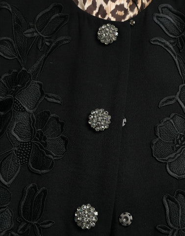 Black floral wool jacket with button embellishments from Dolce & Gabbana, featuring a tailored fit and floral embroidery.
