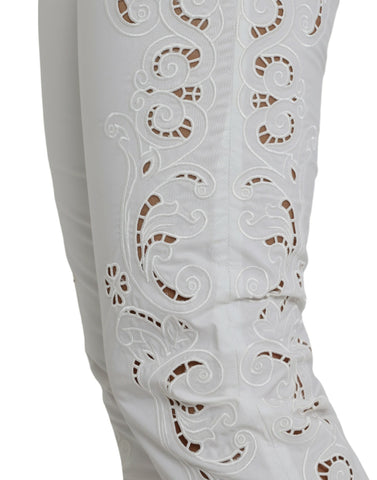 White Cut Out Cotton Mid Waist Cropped Pants