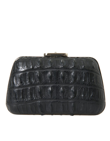 Black Exotic Skin Leather Shoulder Crossbody Box Clutch Bag