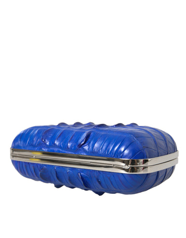 Blue Exotic Skin Leather Shoulder Crossbody Box Clutch Bag