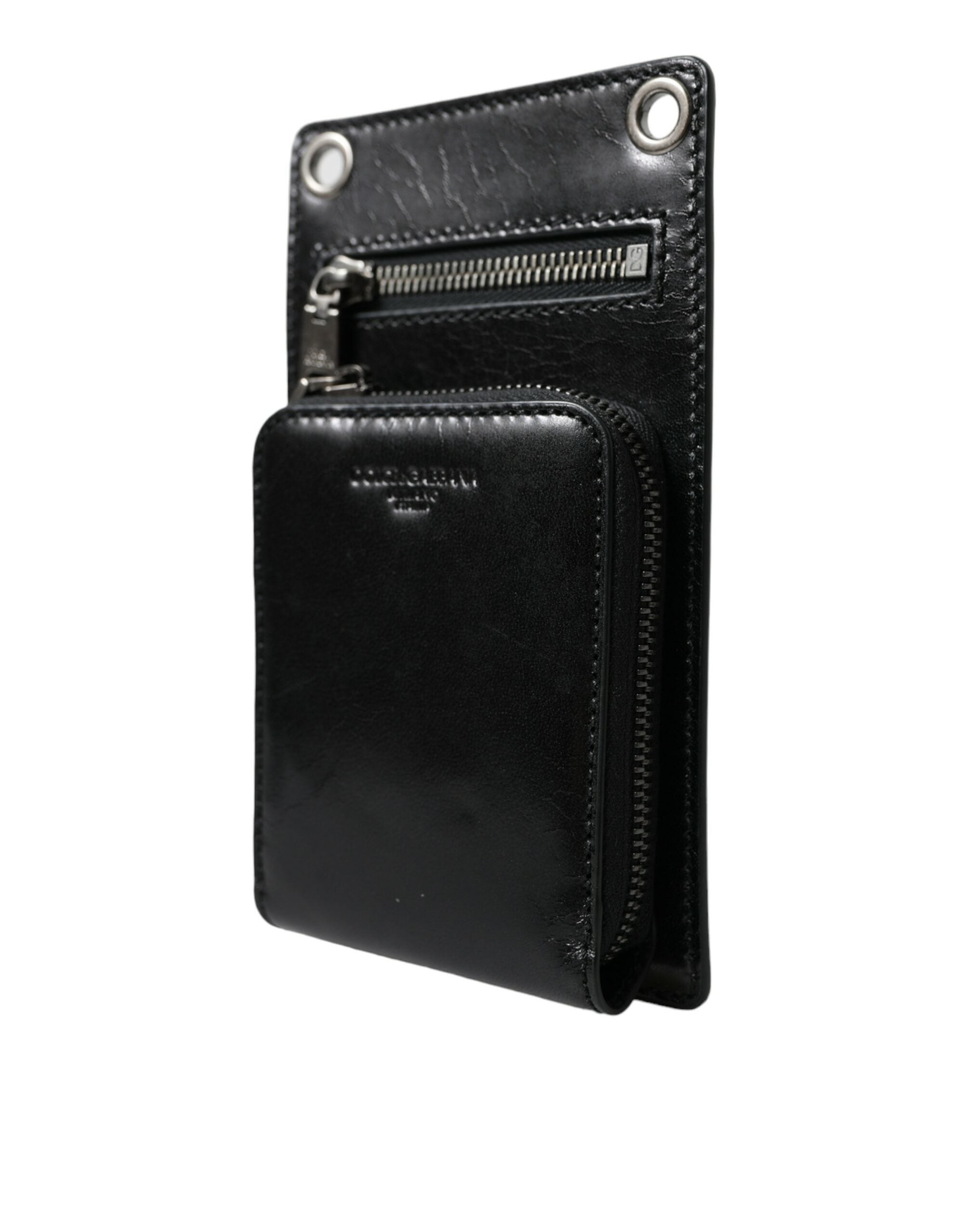 Black leather Dolce & Gabbana wallet with zip closure, logo detail, crossbody strap, and phone slot for secure everyday use.