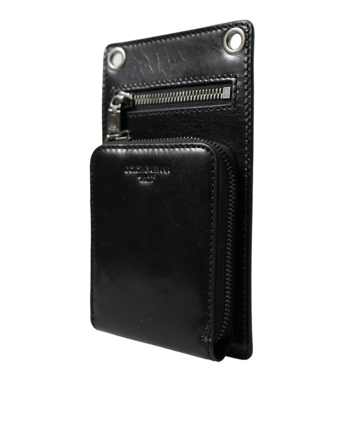 Black leather Dolce & Gabbana wallet with zip closure, logo detail, crossbody strap, and phone slot for secure everyday use.