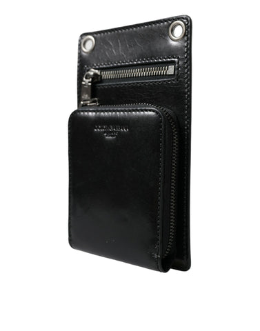 Black leather Dolce & Gabbana wallet with zip closure, logo detail, crossbody strap, and phone slot for secure everyday use.