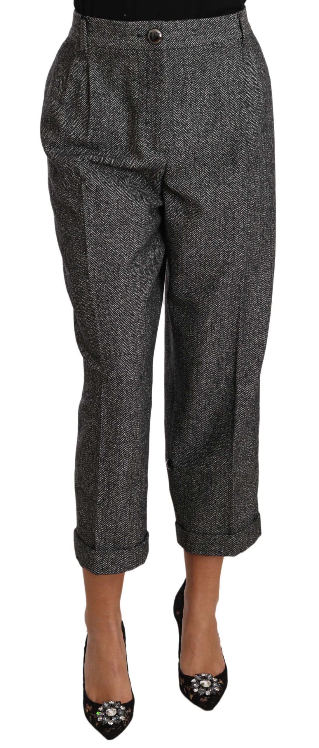 Gray wool pleated cropped trousers by Dolce & Gabbana, featuring a tailored fit and stylish pleats.