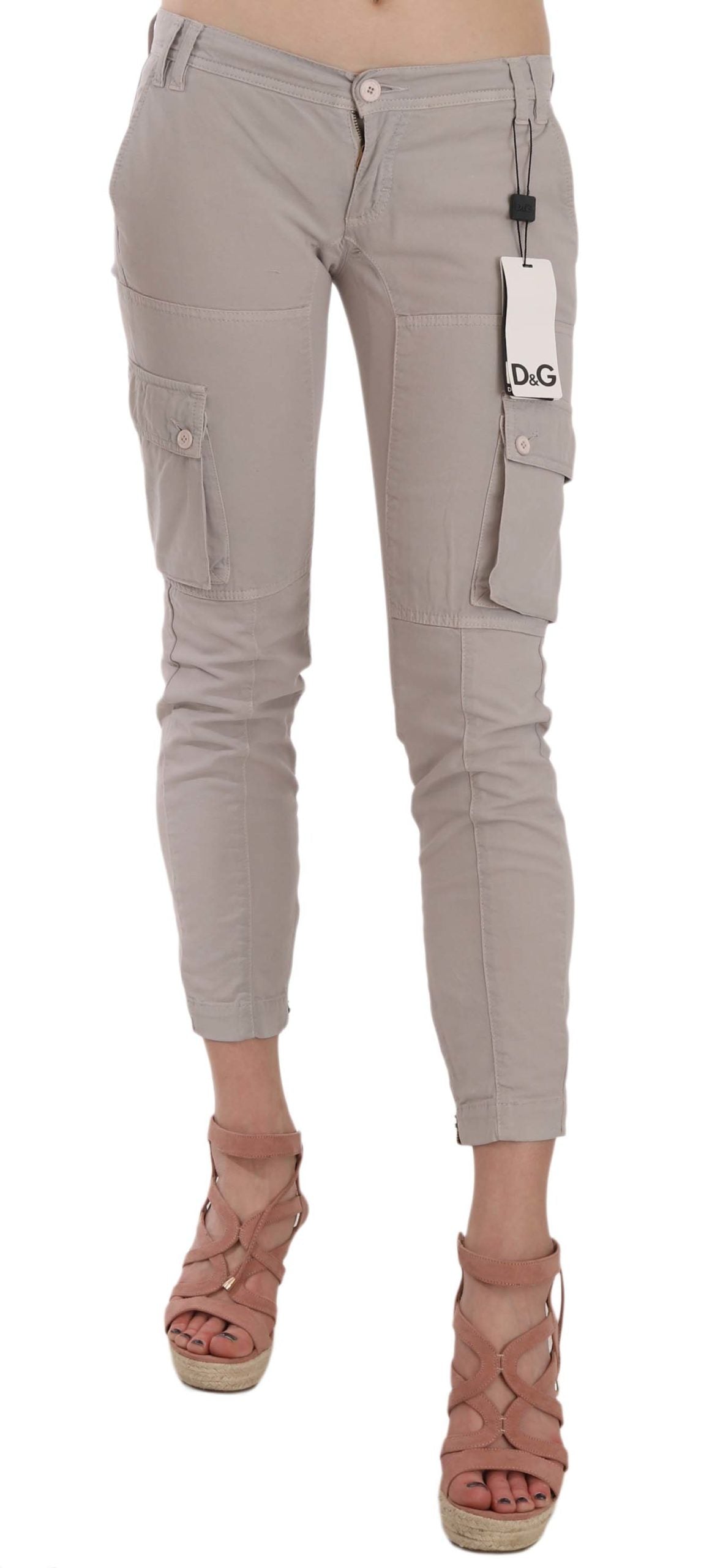 Pair of Dolce & Gabbana casual fitted khaki trousers with a tailored design and belt loops, displayed flat.