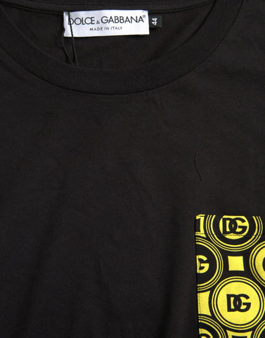 Black printed cotton crewneck T-shirt with pocket from Dolce & Gabbana, featuring a stylish design and comfortable fit.