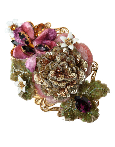 Gold Brass Floral Crystal Sequined Hair Clip