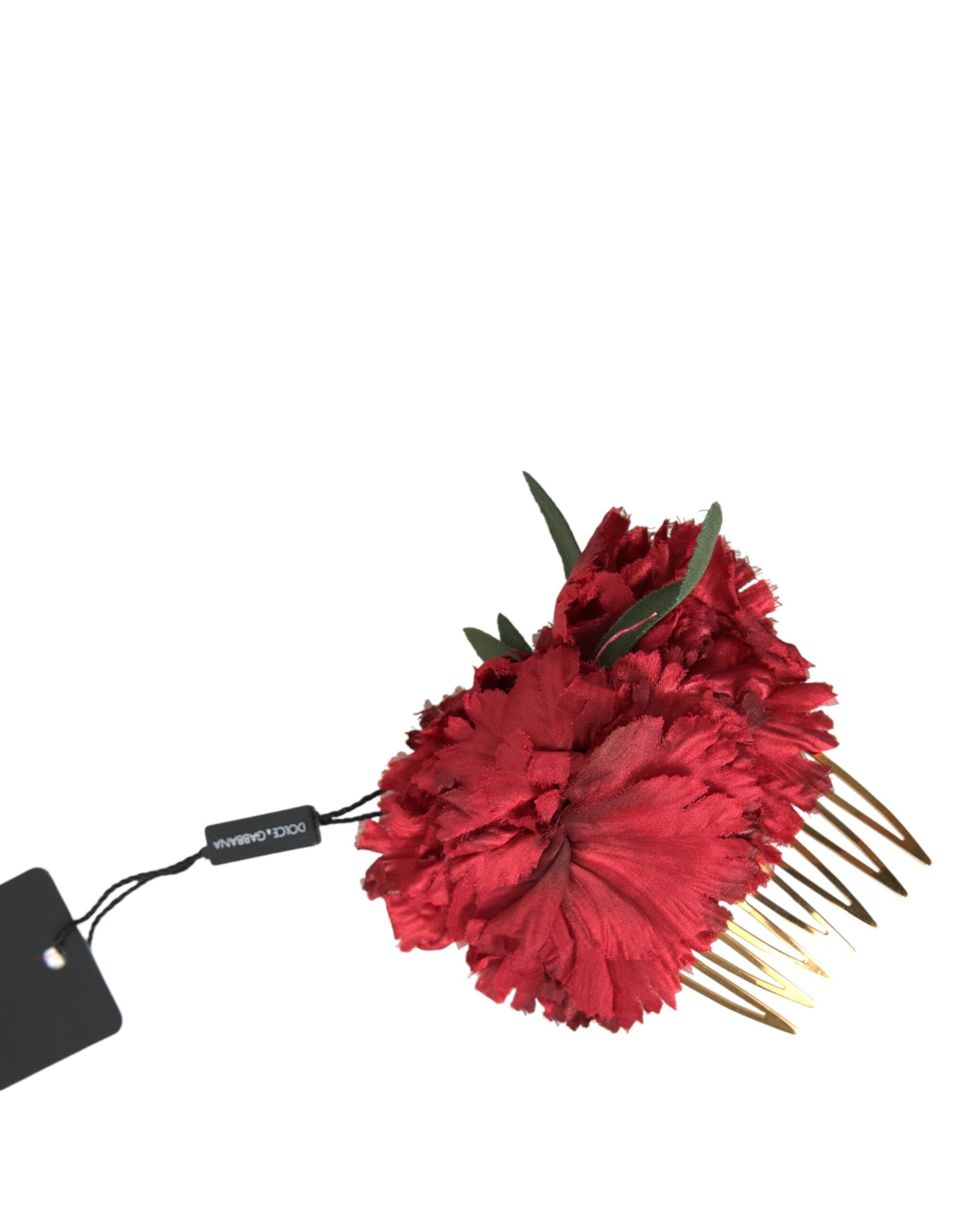 Red silk floral gold brass hair comb for women, featuring intricate design and elegant craftsmanship by Dolce & Gabbana.