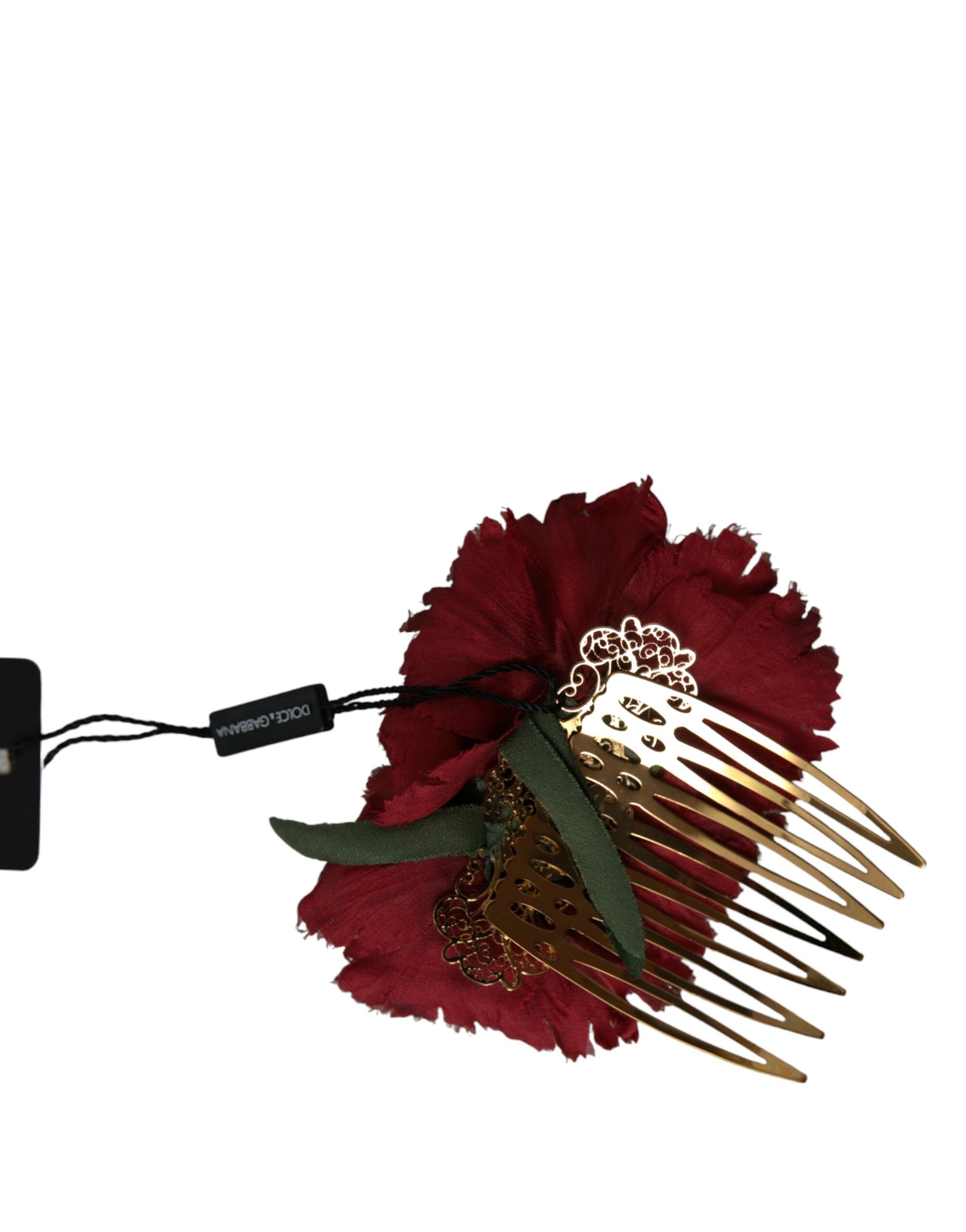 Red silk floral gold brass women’s hair comb with intricate floral design, by Dolce & Gabbana