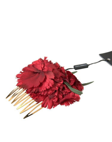 Red silk floral and gold brass women’s hair comb featuring intricate floral design and elegant craftsmanship.
