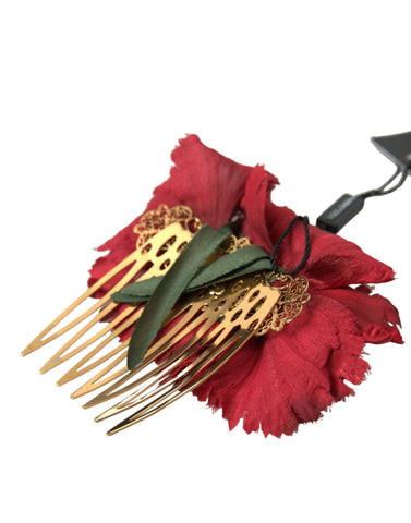 Red silk floral and gold brass women’s hair comb featuring elegant floral design, ideal for special occasions.