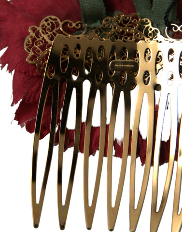 Red silk floral and gold brass women’s hair comb featuring intricate floral design, elegant accessory by Dolce & Gabbana.