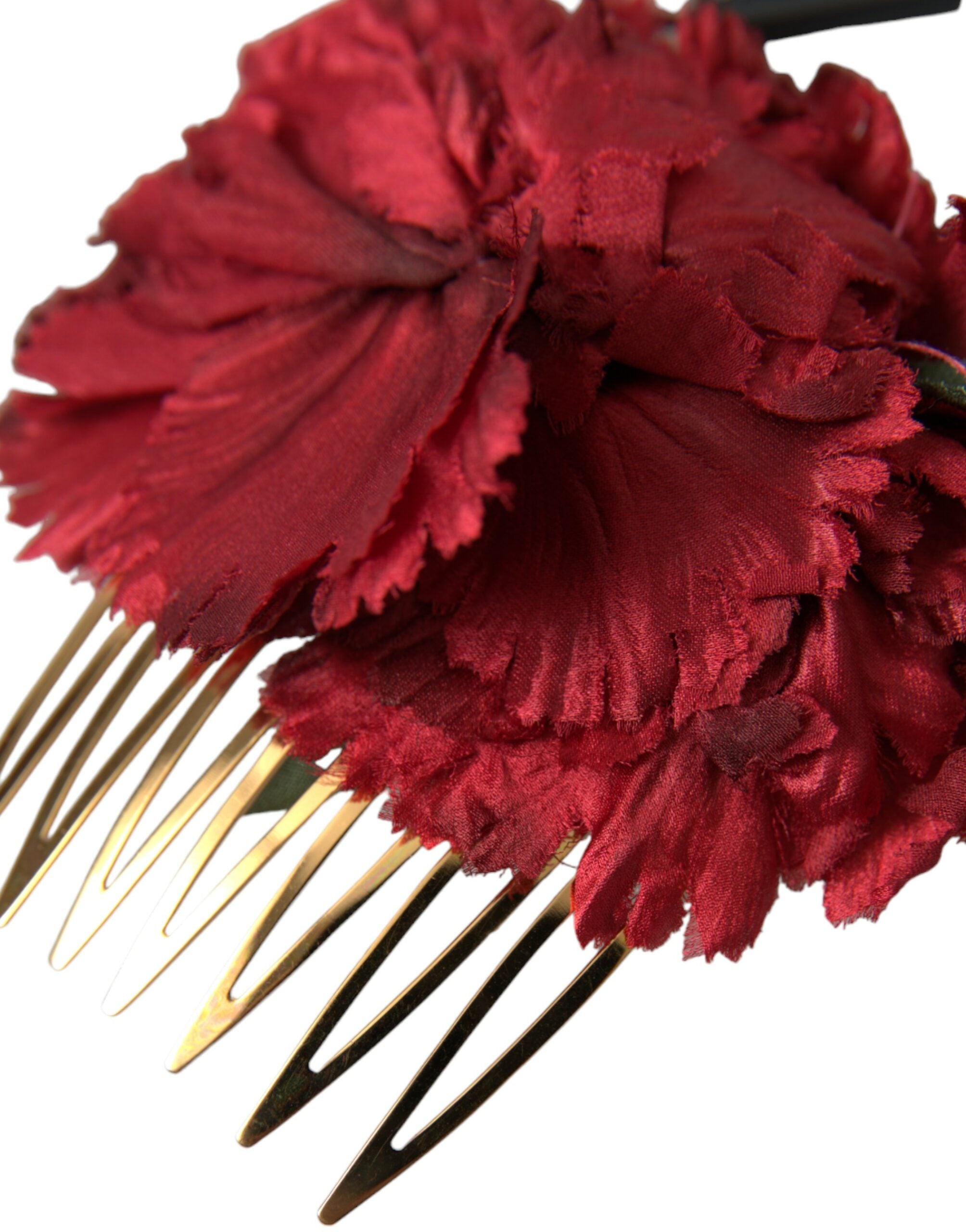 Red silk floral gold brass women’s hair comb with intricate detailing, designed by Dolce & Gabbana.