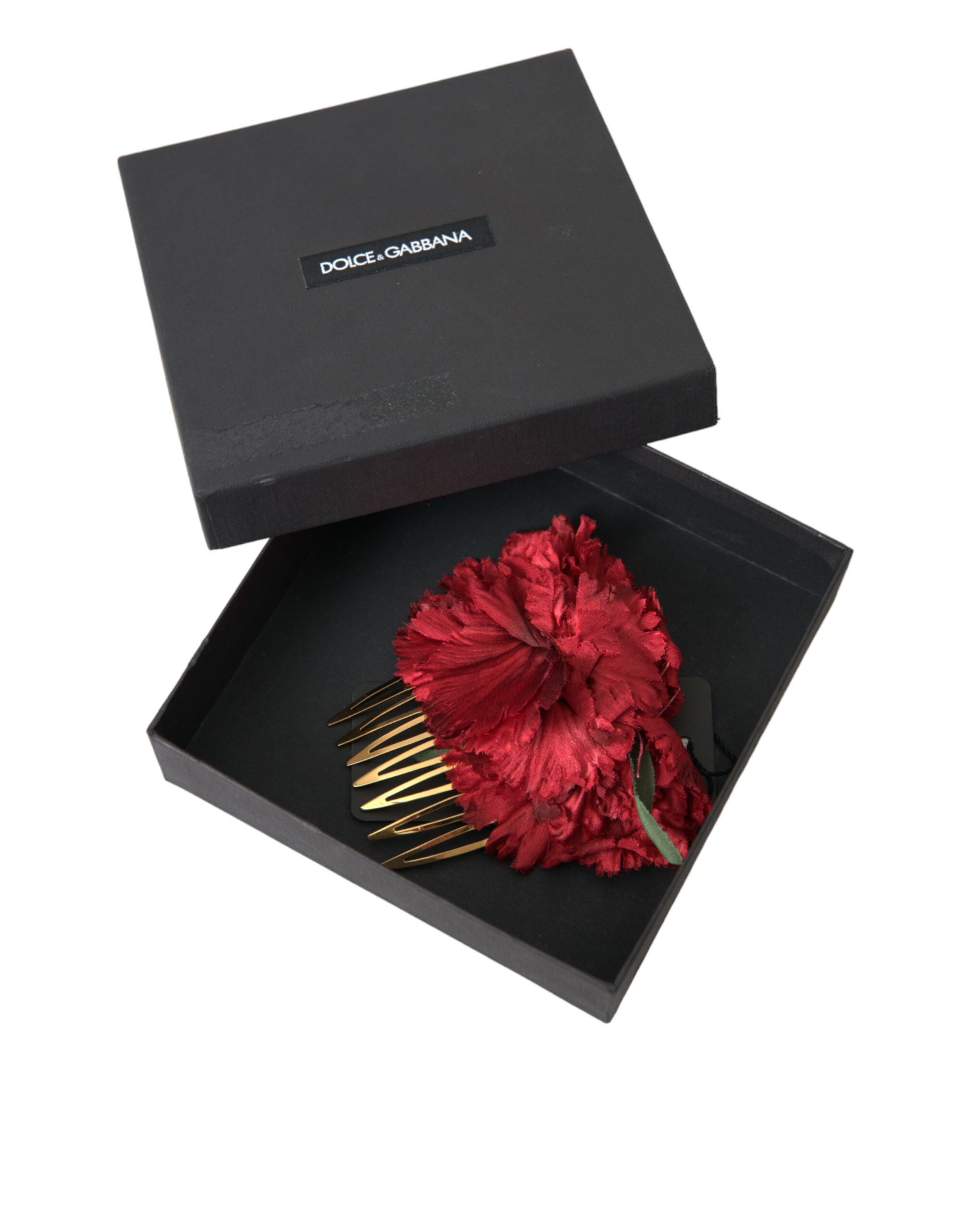 Red silk floral and gold brass women’s hair comb with intricate design, perfect for elegant hairstyles.