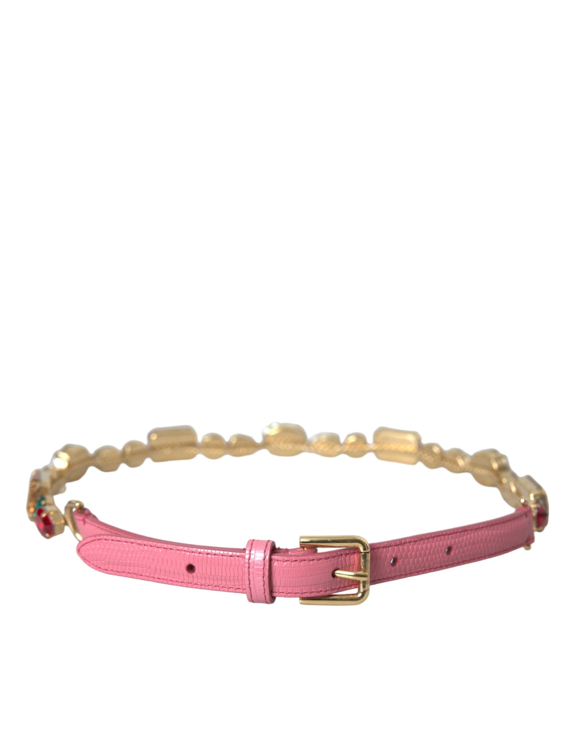 Pink leather belt by Dolce & Gabbana with crystal chain embellishments, featuring a stylish and luxurious design.