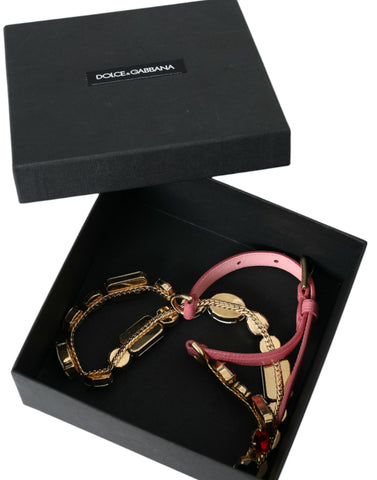 Pink leather belt by Dolce & Gabbana with crystal chain embellishments, featuring a stylish and luxurious design.