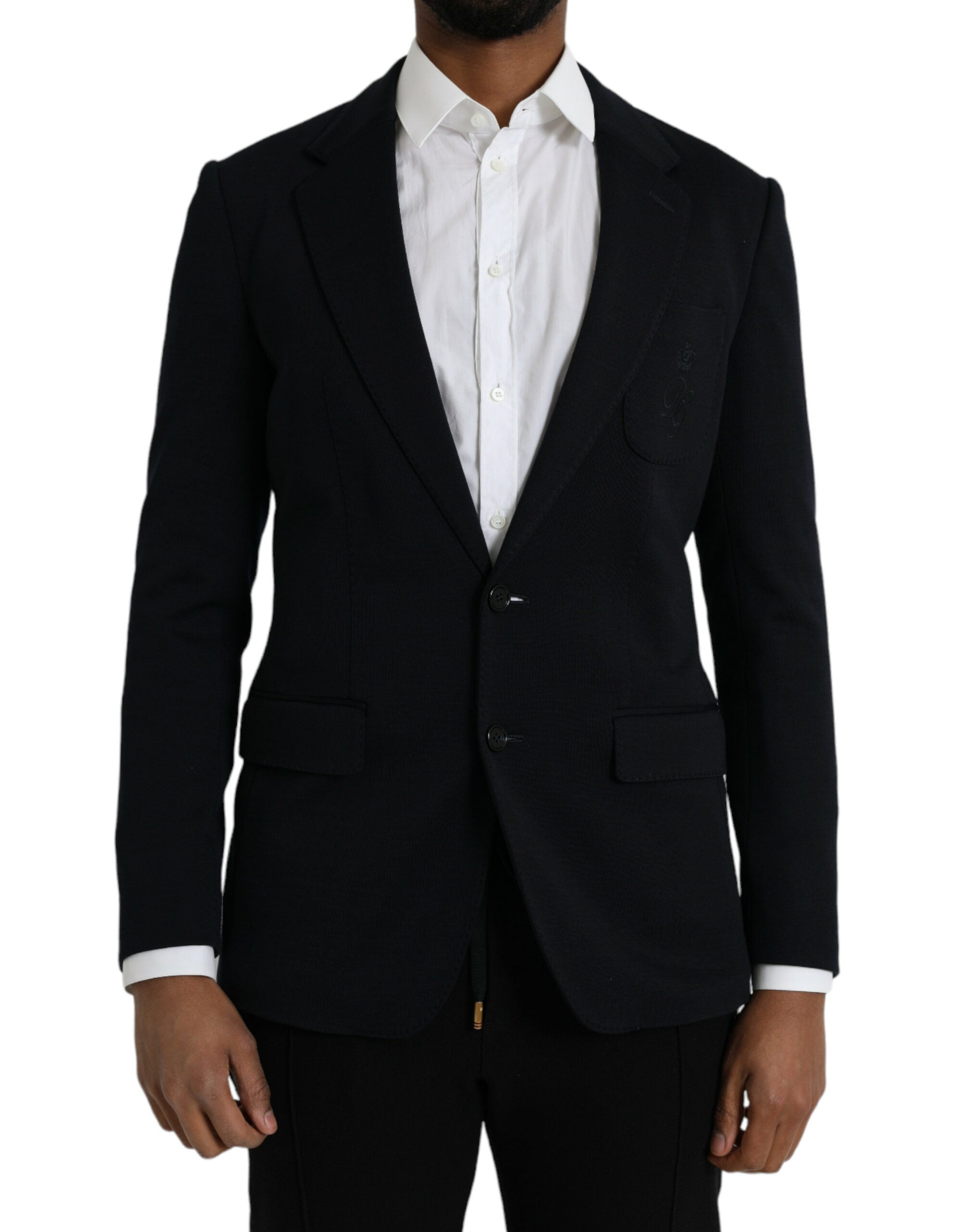Dark Blue Wool Notch Single Breasted Coat Blazer - Jag Couture London