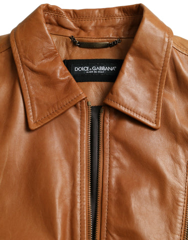 Brown Lamb Leather Full Zip Blouson Jacket