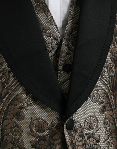 Brown Floral Jacquard Formal 3 Piece Suit