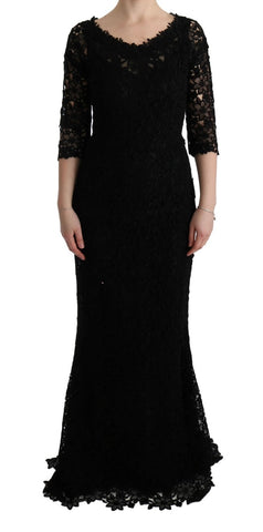 Black Floral Ricamo Sheath Long Dress