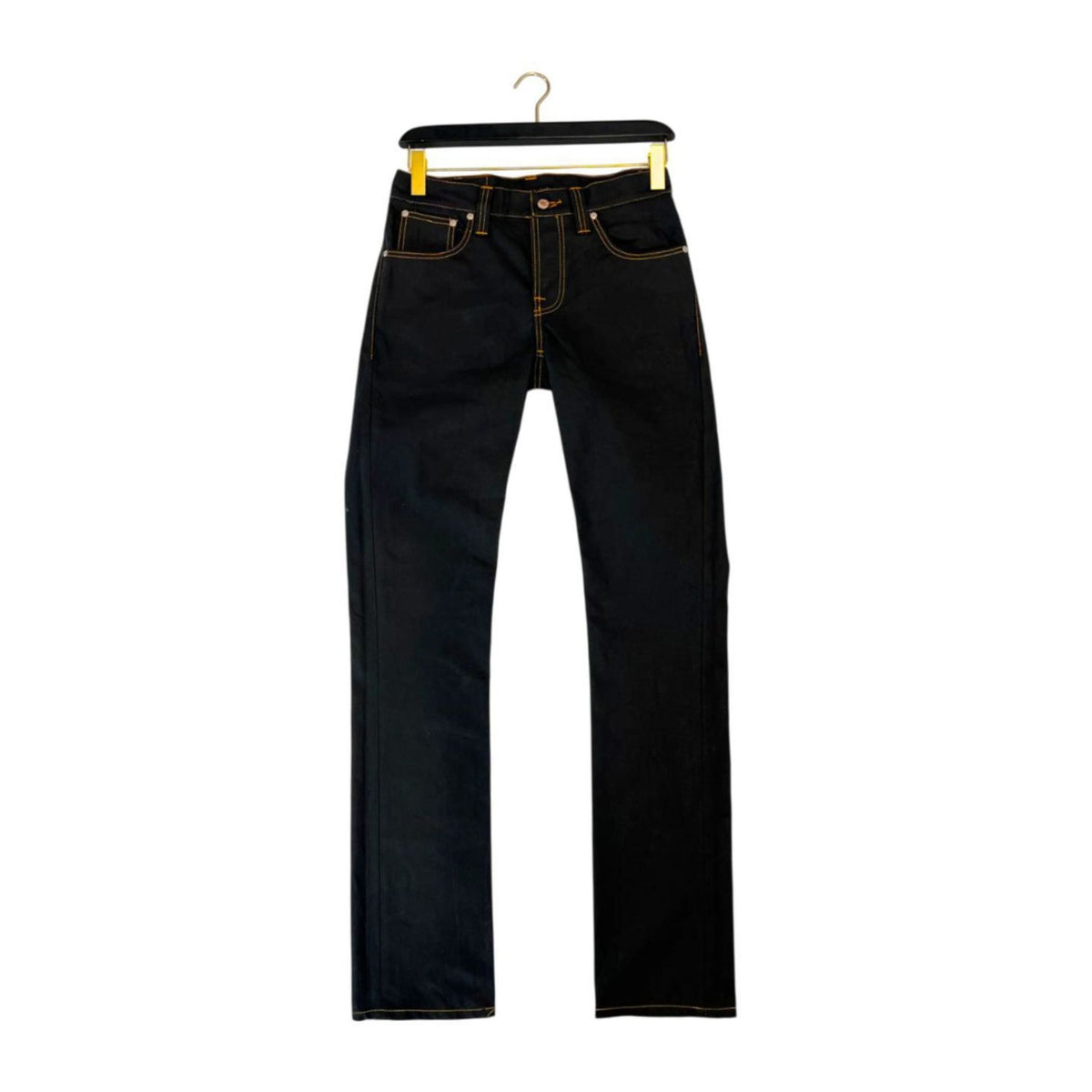 Nudie Jeans NJ2943_4GREMTIM NeroBlack denim jeans displayed on a model, showcasing slim fit and dark black wash.