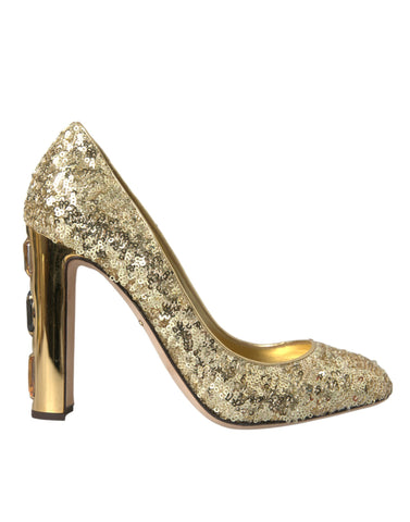 Gold sequin crystal heels pumps by Dolce & Gabbana, featuring shimmering sequins and elegant design, perfect for stylish occasions.