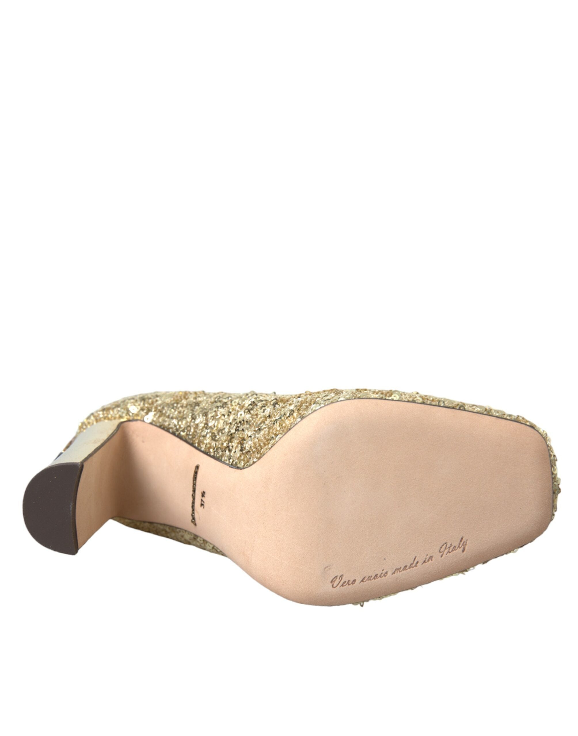 Gold sequin crystal heels pumps by Dolce & Gabbana with sparkling embellishments and elegant pointed toe design.
