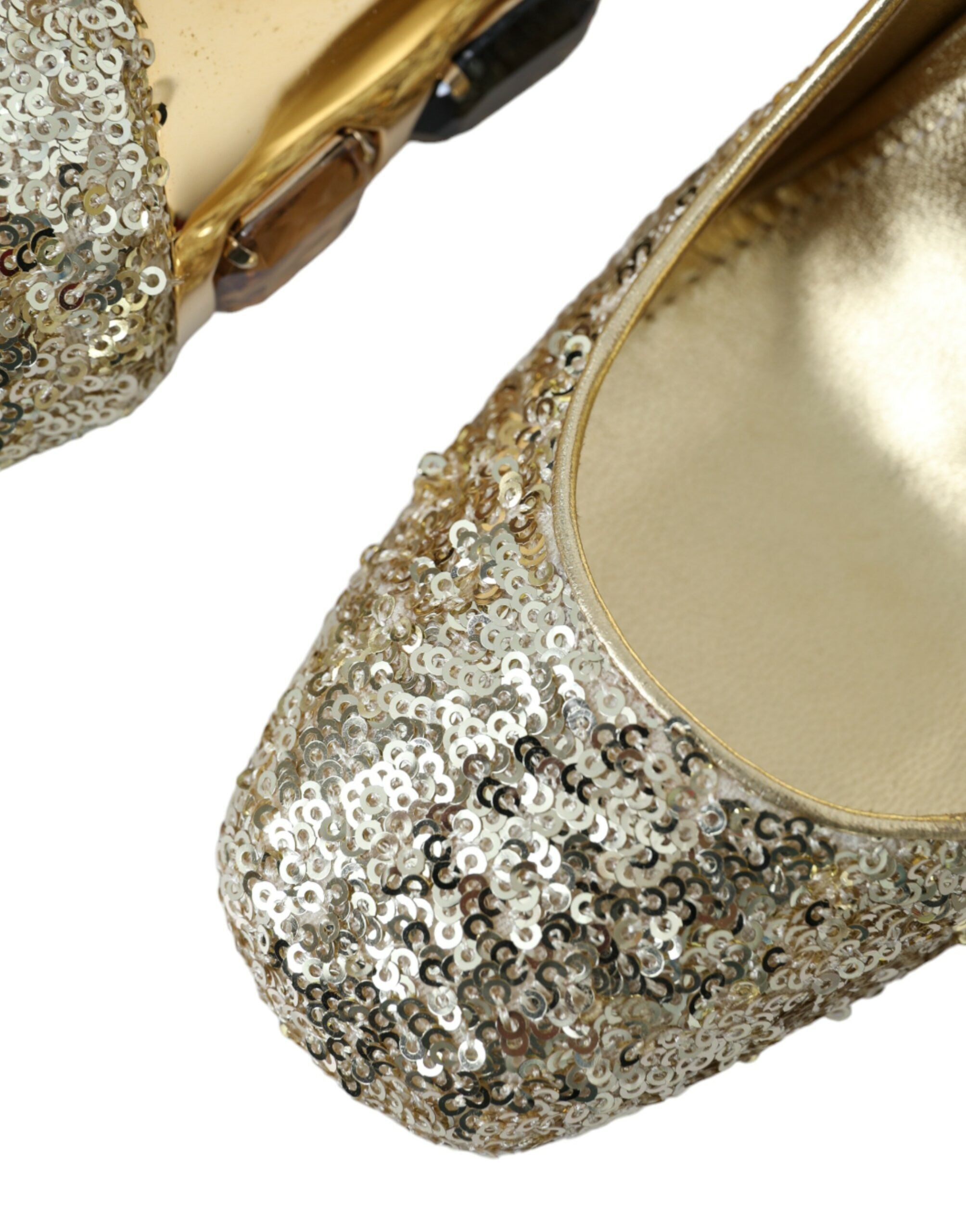 Gold sequin crystal heels pumps by Dolce & Gabbana featuring sparkling embellishments and a stylish high heel design.