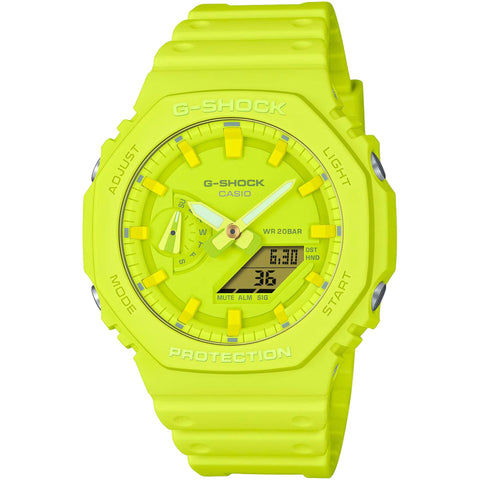 Casio GA-2100-9A9ER digital and analog men's watch with black resin band and round face, displayed on a white background.