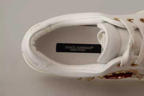 White Leather Gold Red Heart Sneakers Shoes