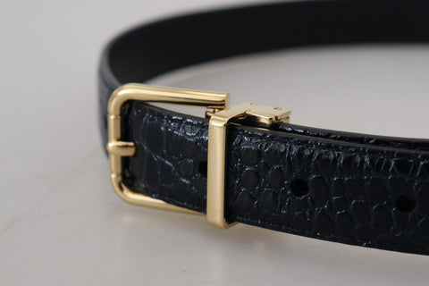 Blue Exotic Leather Gold Metal Buckle Belt
