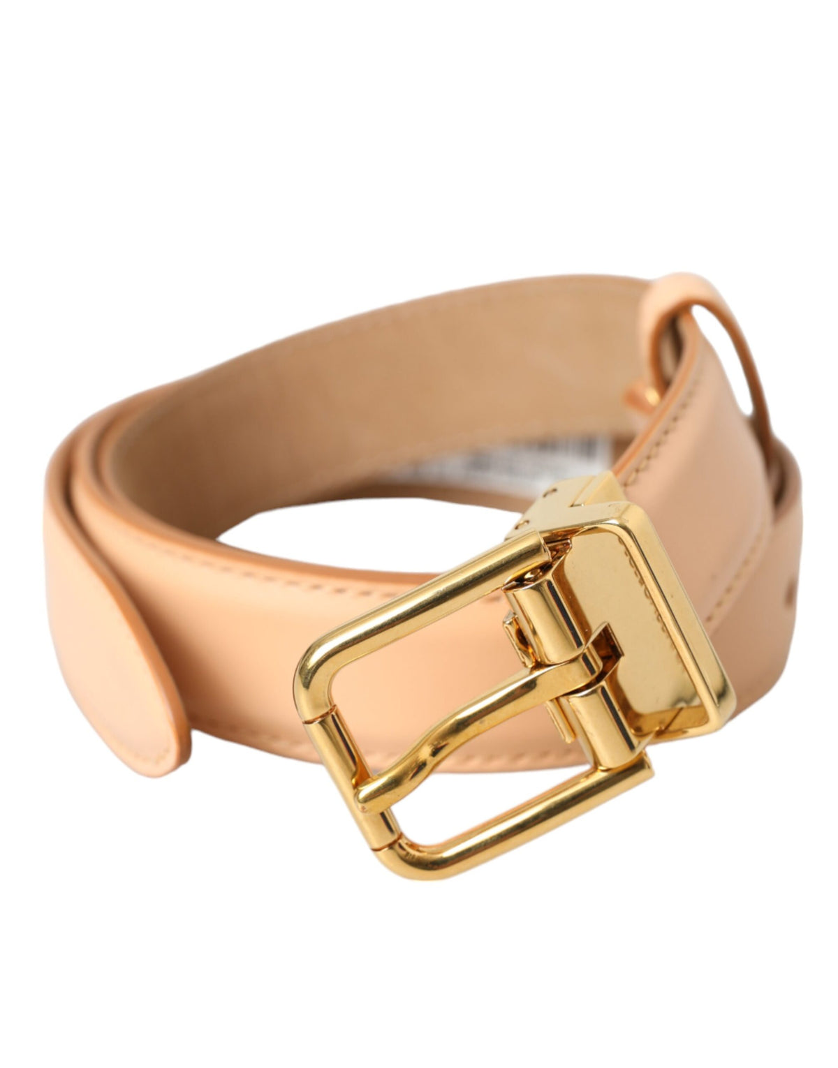 Beige calfskin leather belt with gold metal buckle from Dolce & Gabbana, displayed rolled out showing the buckle detail.