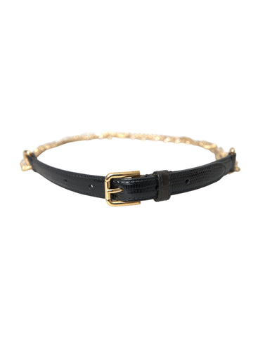 Black leather waist belt with gold chain and crystal accents, designed for women by Dolce & Gabbana.