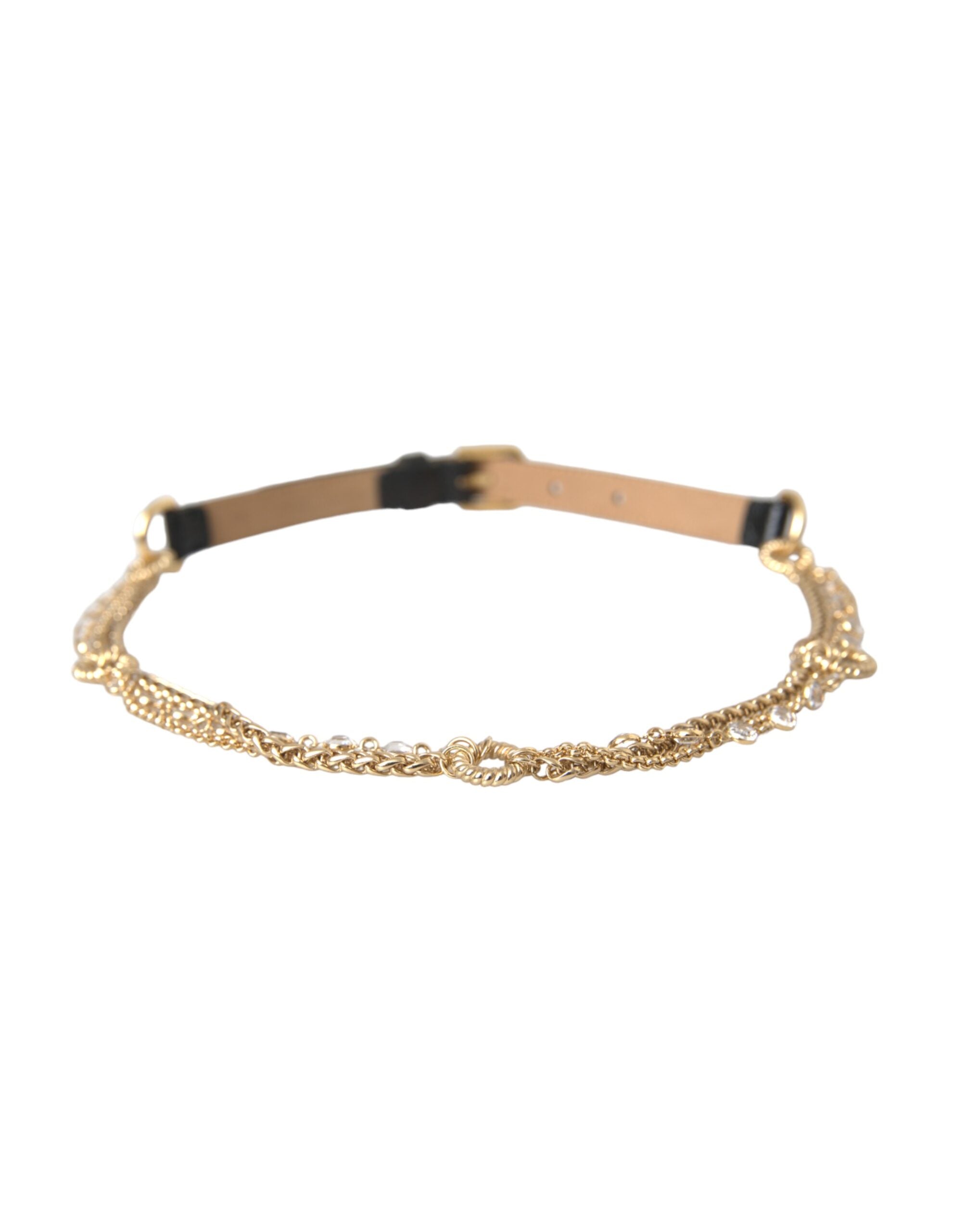 Black leather waist belt with gold chain and crystal accents for women, by Dolce & Gabbana.
