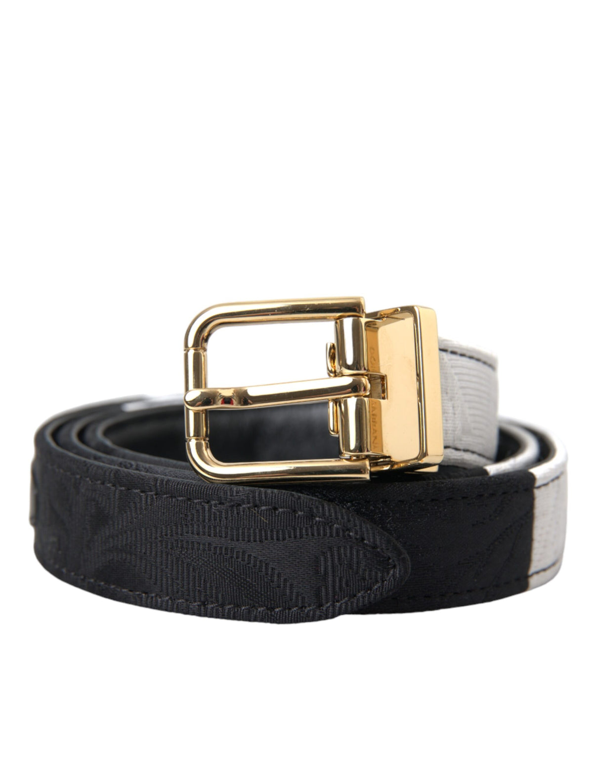 Black and white patchwork Dolce & Gabbana belt with gold metal buckle, showcasing a stylish and modern accessory.